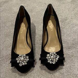 Black Block Heels with Pearl Embellishments